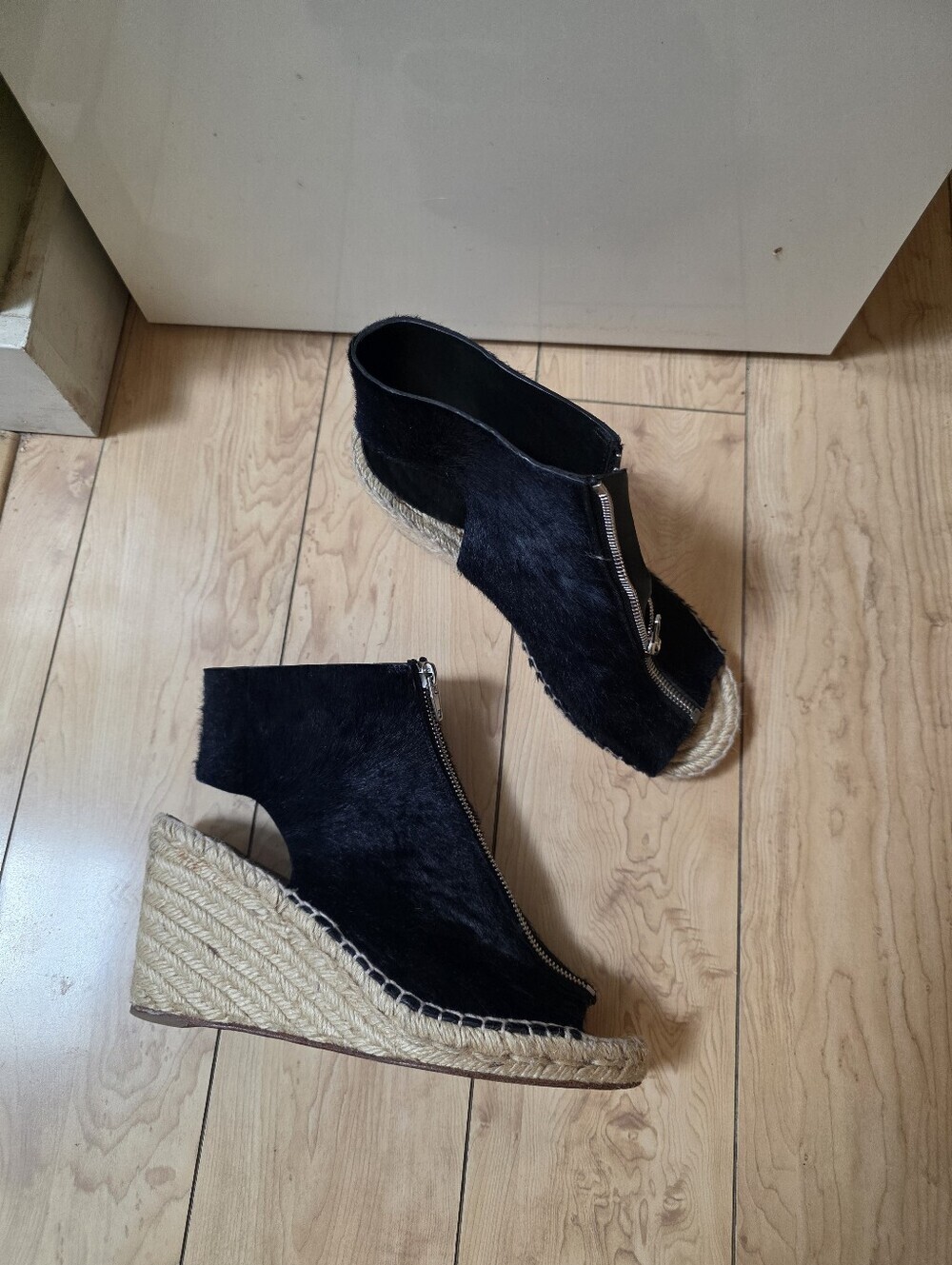 Céline Black Leather pony hair Peep-toe Wedge Espadrille Heels Zipper Front 39